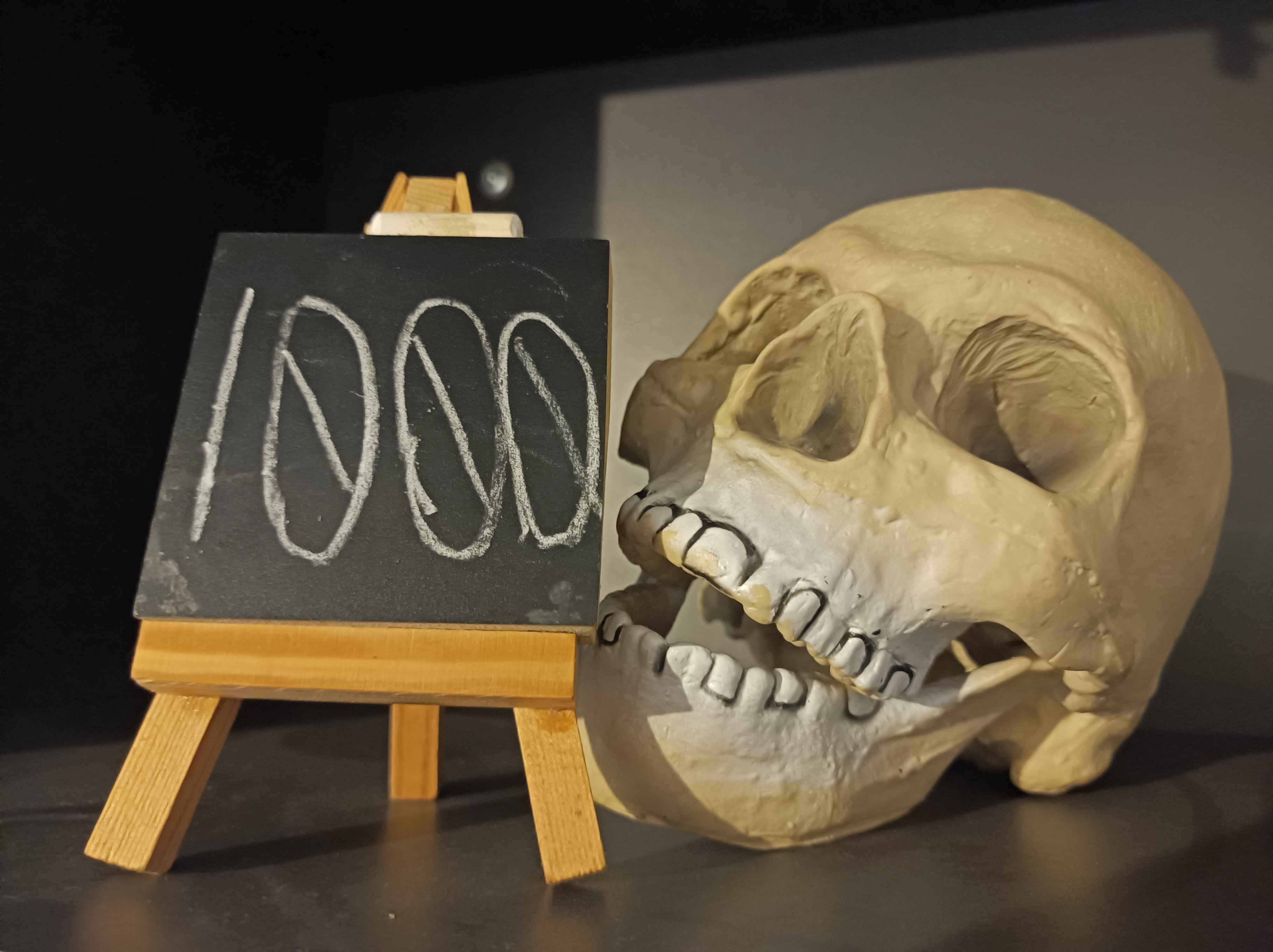 Blackboard marked 1000 (next to novelty skull)
